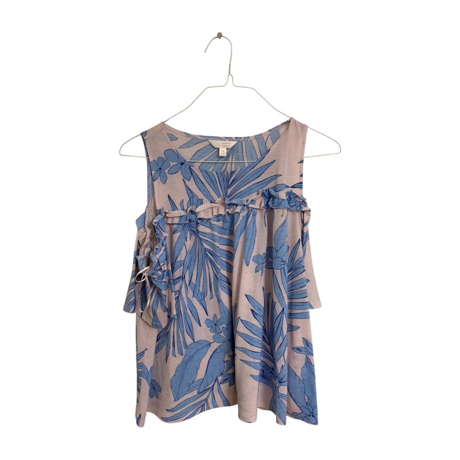 Lauren Conrad XL Blue and Beige Tropical Print Cold Shoulder Top Coastal Grandma
