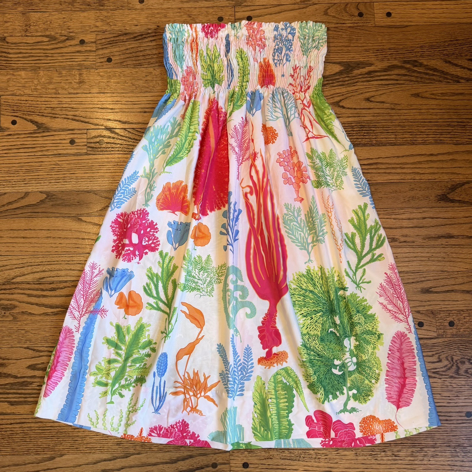 Gretchen Scott Coral Seaweed Print Smocked Maxi Skirt OS White Pink Green