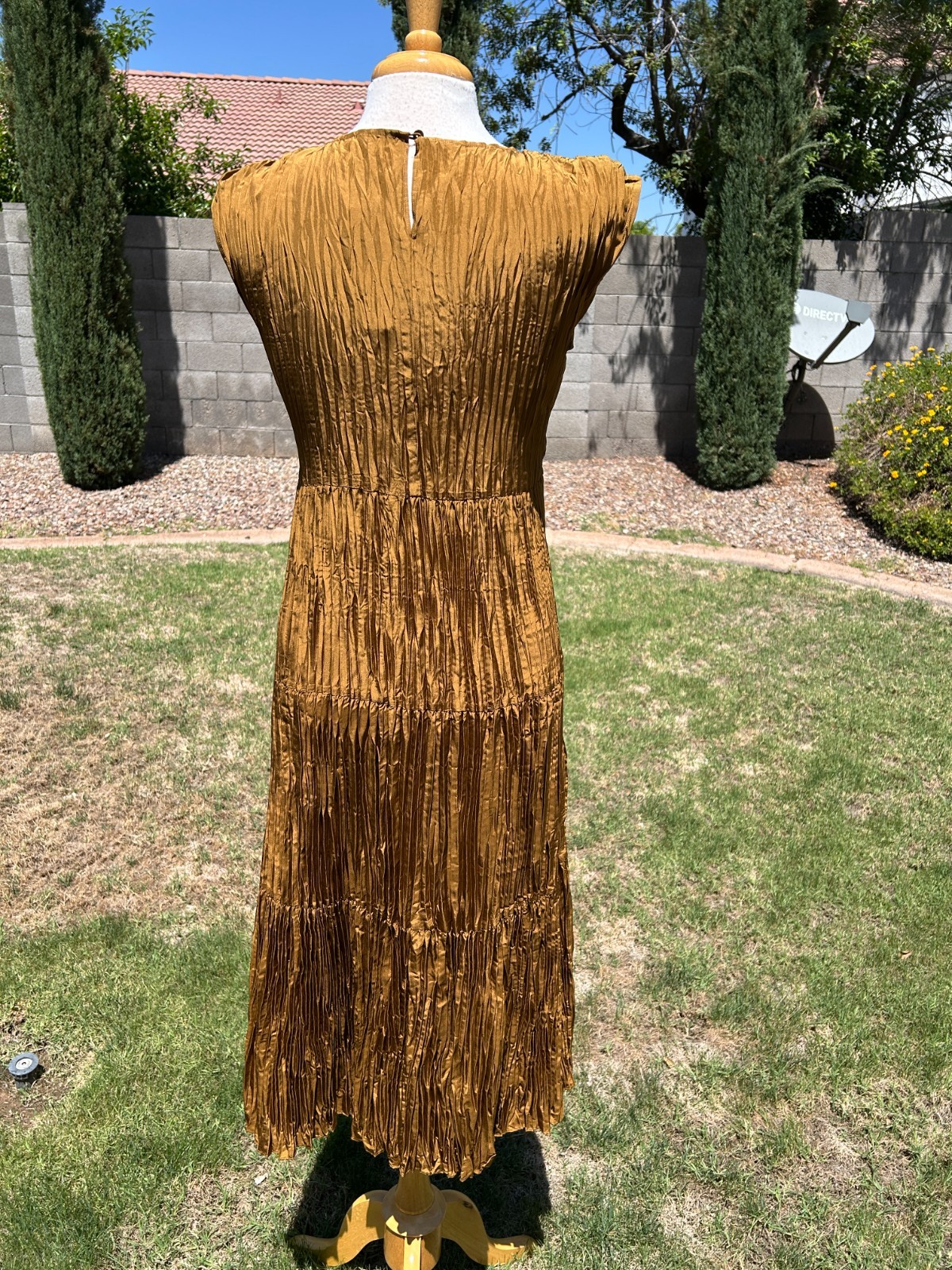 Eileen Fisher Crushed Silk Tiered Midi Dress Women’s XXS Bronze Pleated $388 NWT