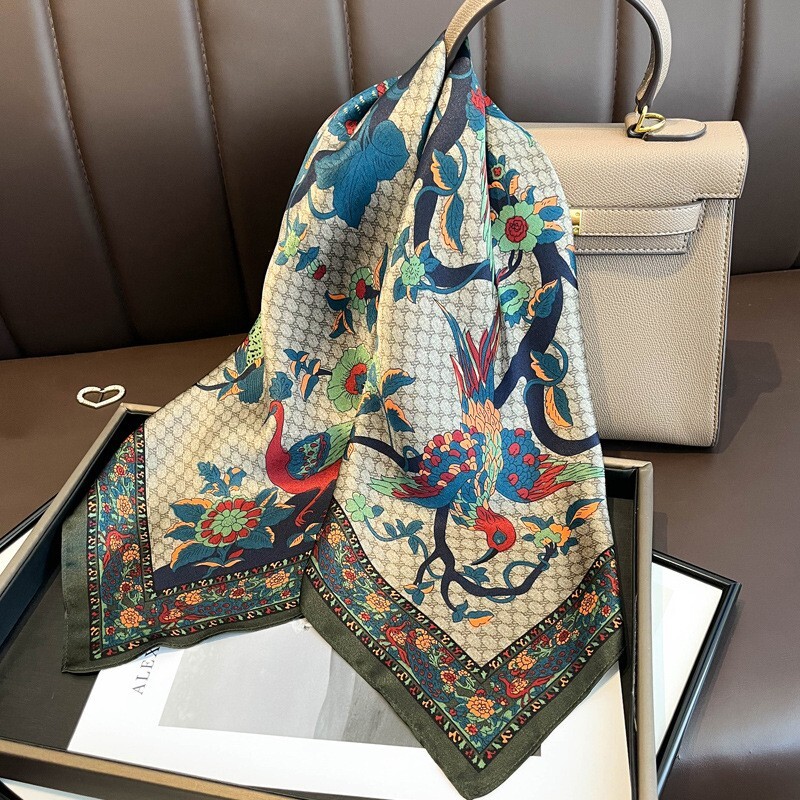 100% Silk Mulberry 27″ Square Scarf Women Neckerchief WrapTurban Flower Bird