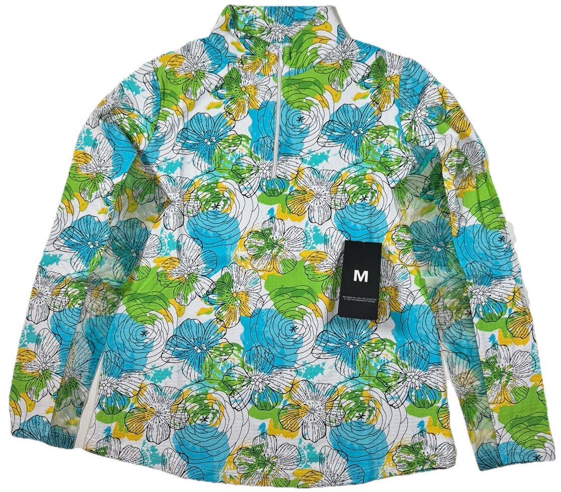 NWT IBKUL Golf Tennis 1/4 Zip Pullover Top S M L XL Blue Floral Longsleeve D4
