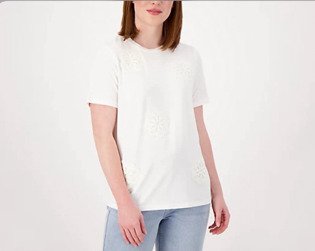 Laurie Felt Cotton Spandex Rayon Made From Bamboo Tee Appliqué Size XS White