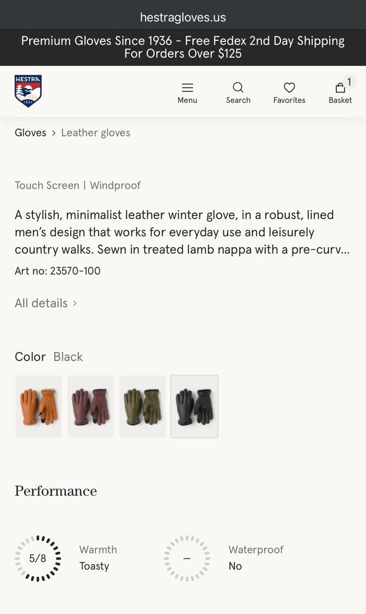 HESTRA Mens Black JOHN Insulated Ribbed Cuff Leather Gloves 9
