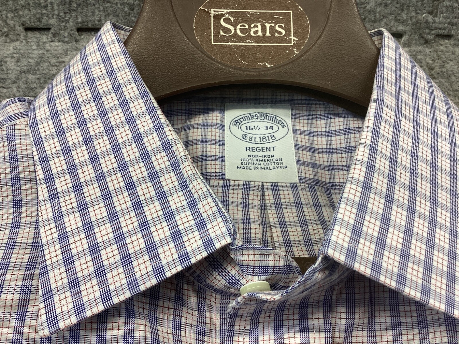 Brooks Brothers Shirt Mens 16.5 34 Blue Check Regent Non Iron Long Sleeve