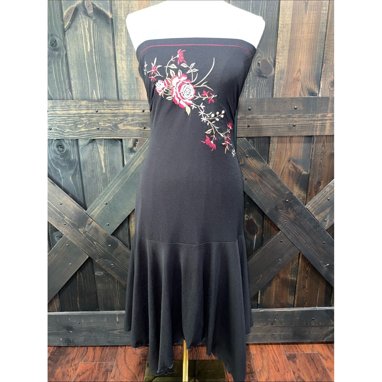 Vintage Y2K Black Strapless Bodycon Midi Dress M Boho Fairy Grunge Embroidered