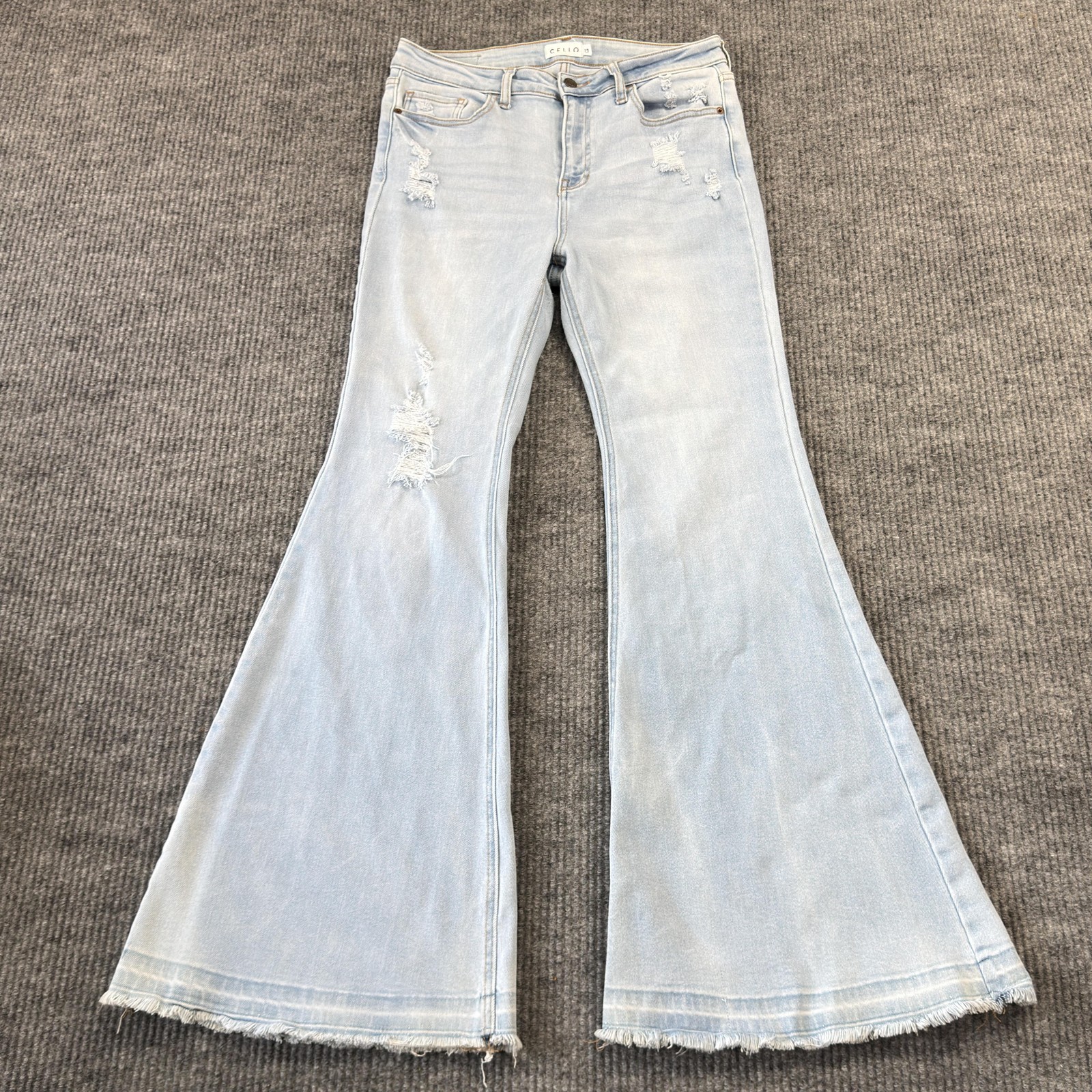 Cello Flare Jeans WomensM13 Light Wash High Rise Distressed Fringe Hem Stretch