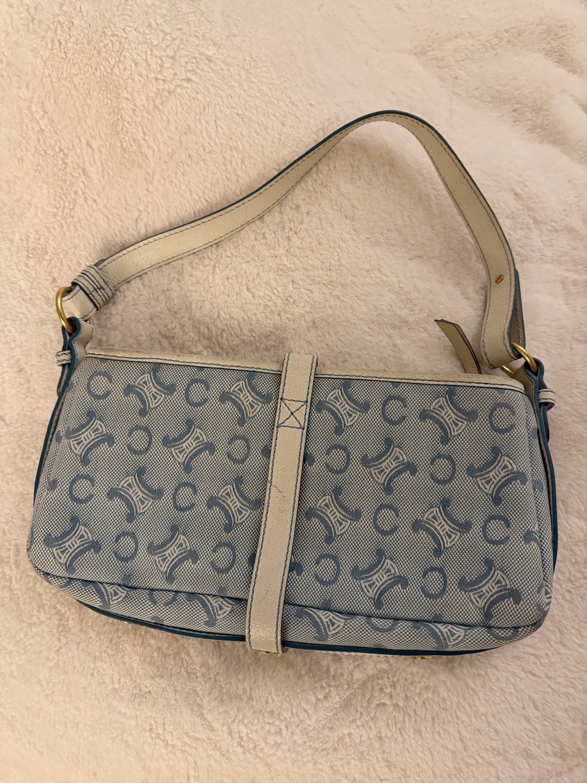 Celine Vintage Blue Triomphe Canvas Shoulder Bag Leather Trim 31cm Authentic