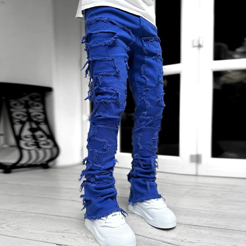Men Fashion Jeans Street Stretch Patch Skinny Denim Straight Stacked Slim Pants
