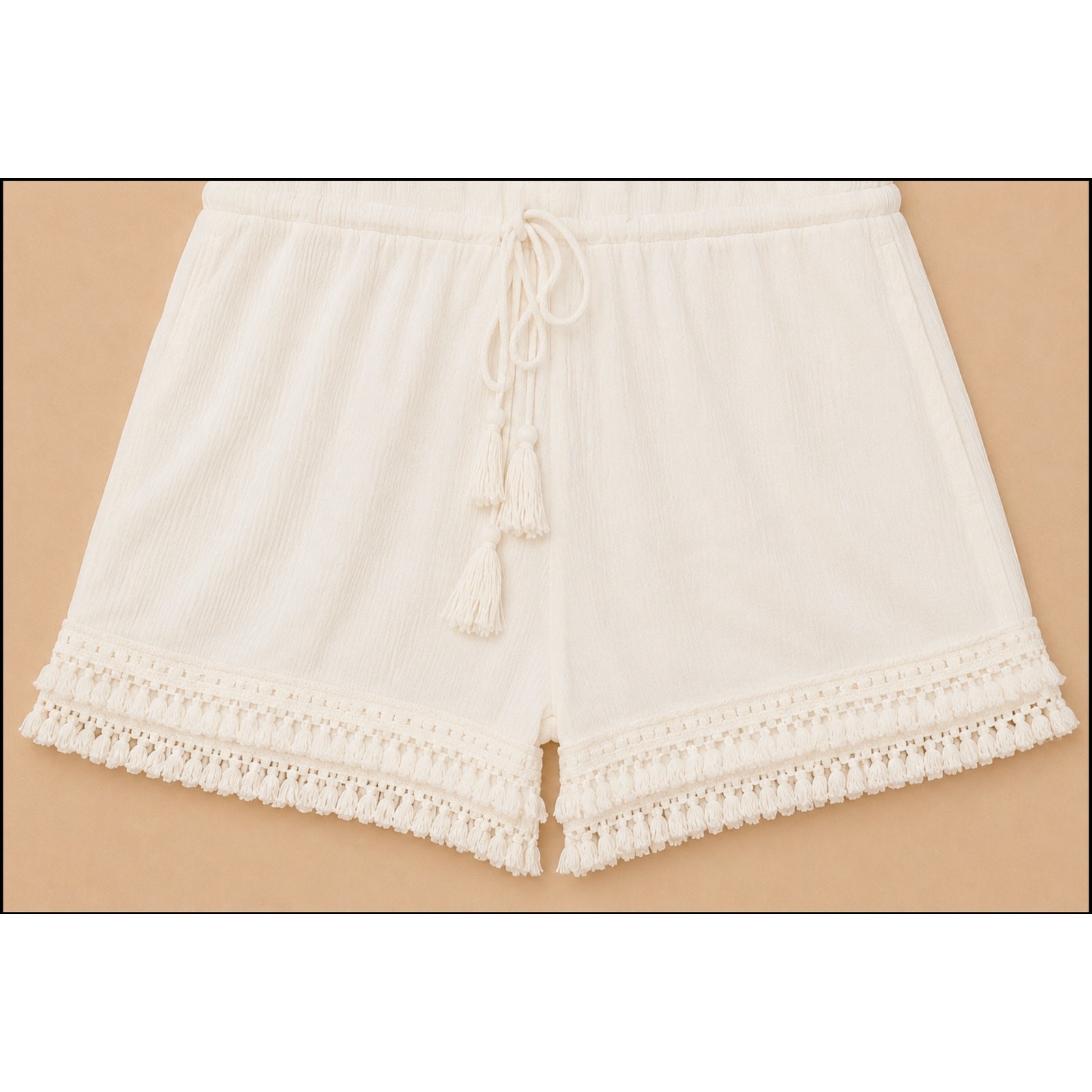 Davi & Dani White Off Shoulder Boho Romper Tassel Fringe Crochet Trim NWT M