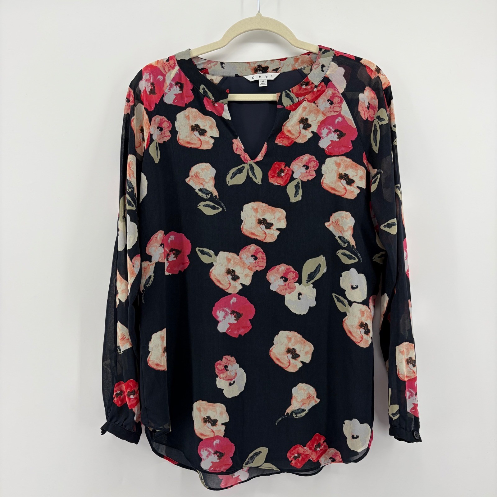 Cabi Black Floral Split Neck Long Sleeve Sheer Blouse Top Women’s Size M