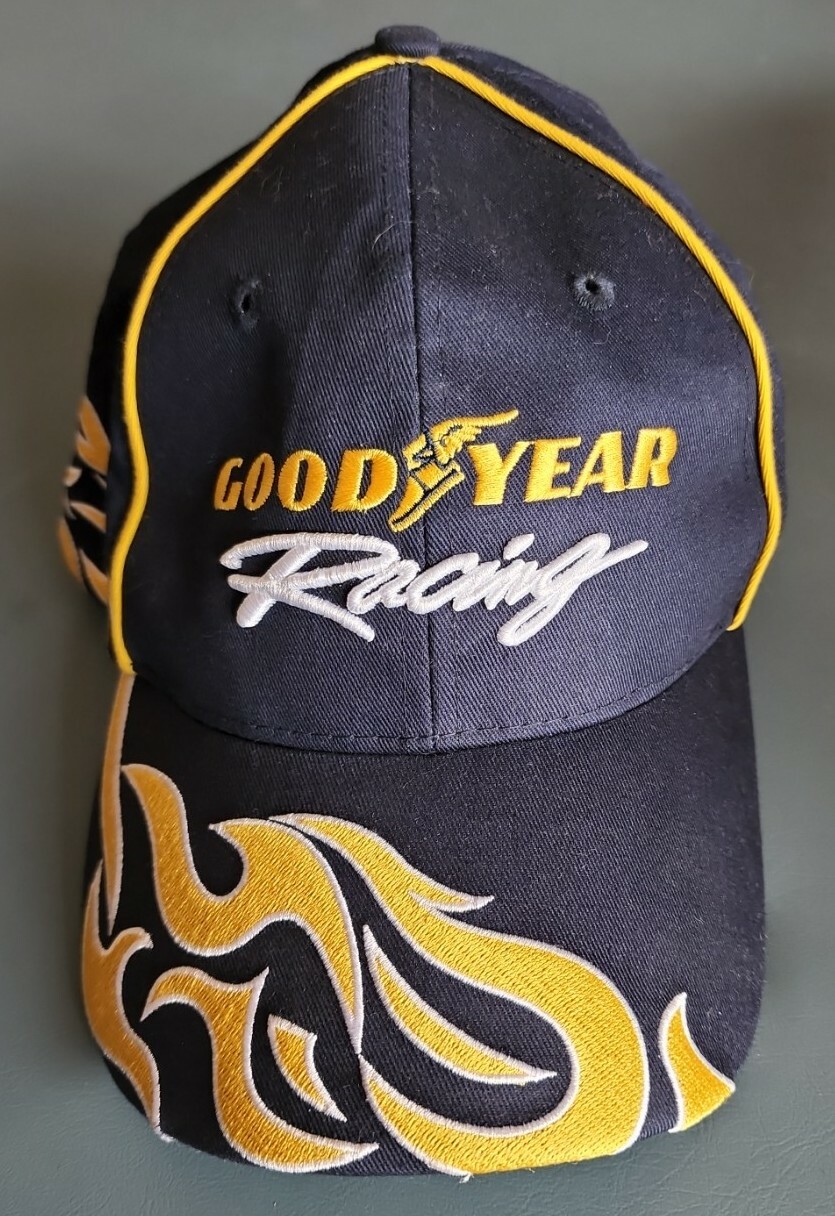 Good Year #1 Racing Adult Adjustable Strapback Cap Navy Blue Yellow Flames NWOT