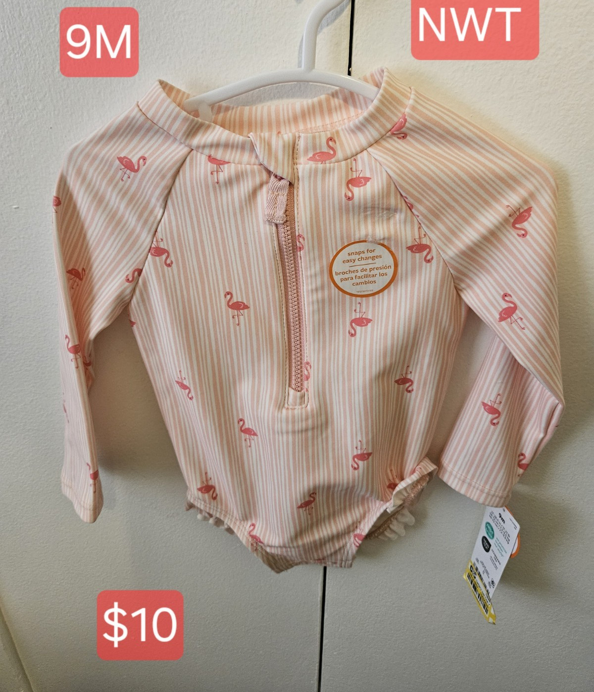 Carter’s Baby Girls One Piece Swimsuit Long Sleeve Zip Ruffle Flamingo 9M