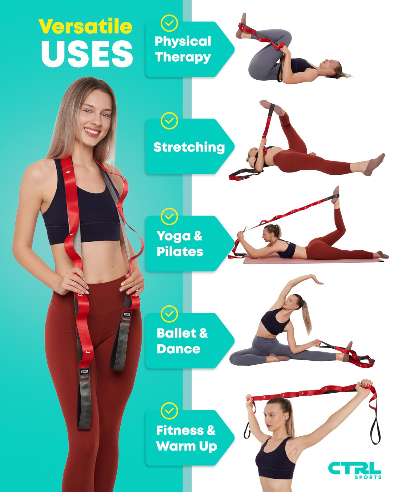 Stretching Strap with Loops – Non Elastic Stretch 78 inches x 1.5 inches, Red