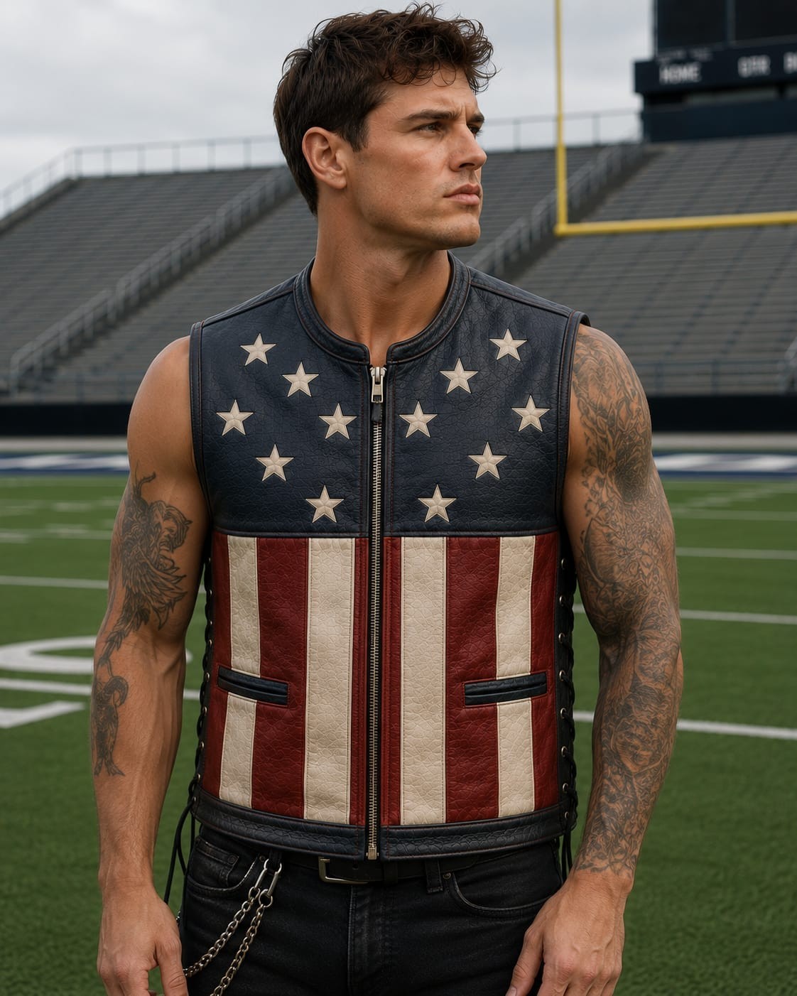 Men’s American Flag Leather Vest USA Stars & Stripes Biker Motorcycle Club Vest.