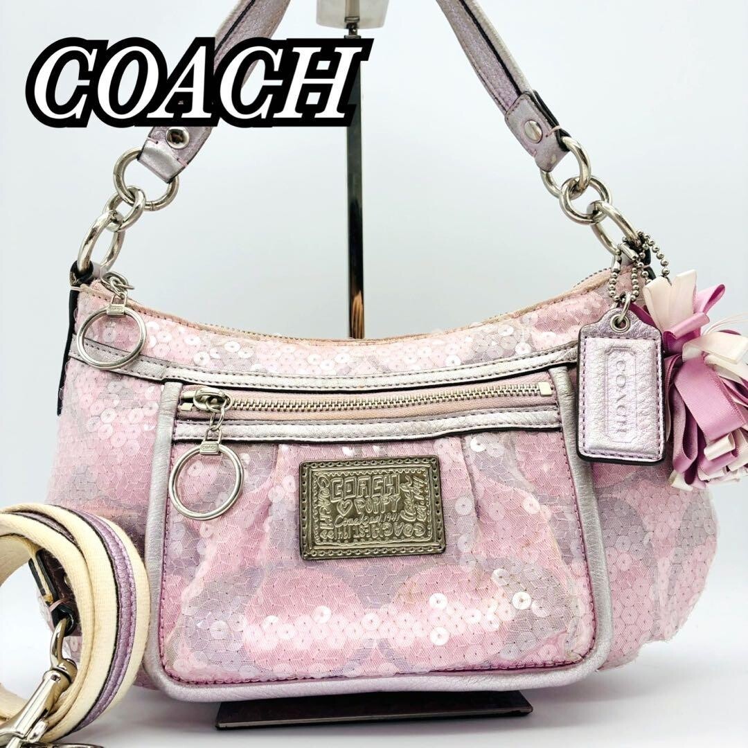 Coach Poppy Spangle Pink Ribbon 2Way Shoulder Bag Sequins Signature 11.4in