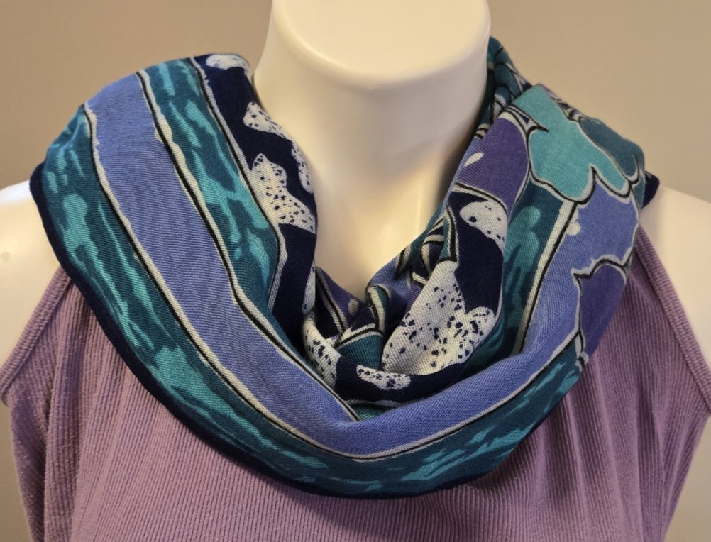 AXCESS Scarf Irish Clover Print 100% Rayon Italy Blue Aqua Purple Navy 20×62