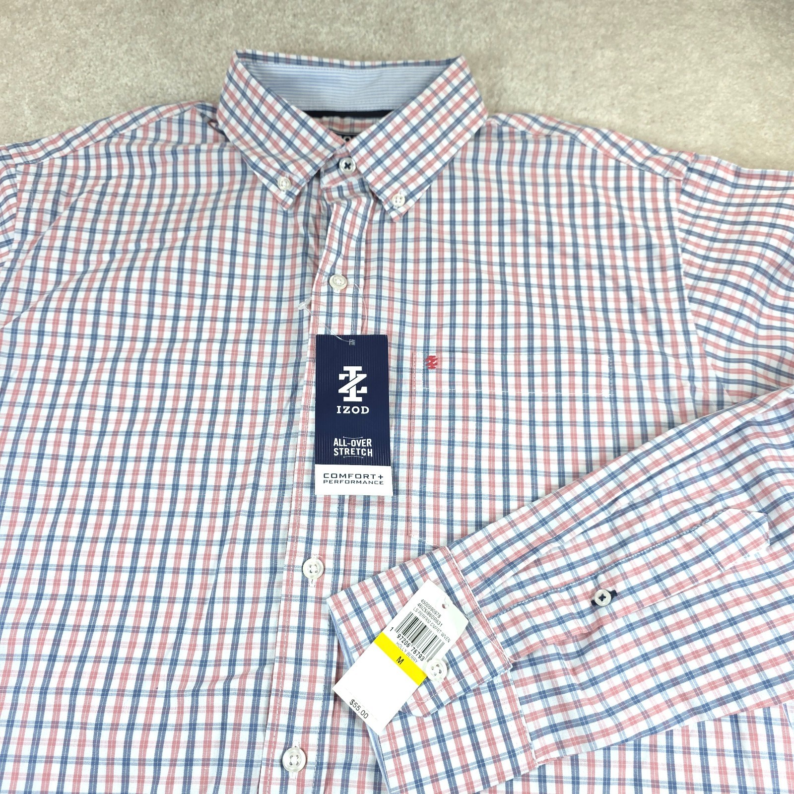 Izod Shirt Mens M Holly Berry Button Down All-Over Stretch Performance Comfy NWT