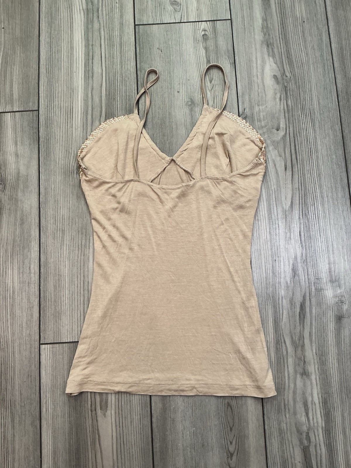 Motivi Women’s Sequin Trim Camisole Top Beige Nude Spaghetti Strap V-Neck Size S