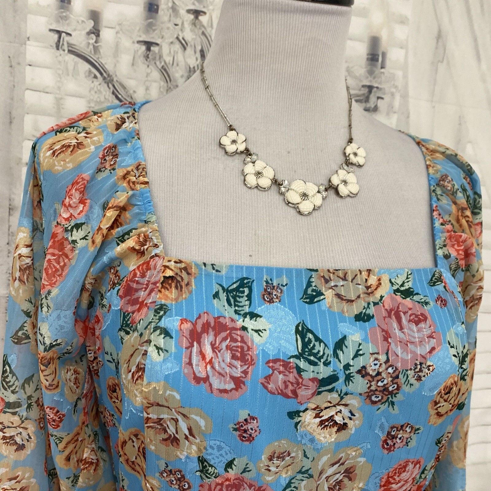 Adelyn Rae Medium Blue Floral Vero Poet Sleeve Ruffle Hem A-Line Square Neck B29