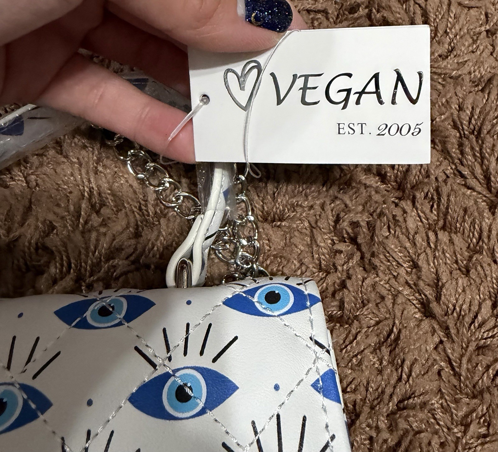 New White 100% Vegan Leather Evil Eye Crossbody Bag Detachable Chain Straps