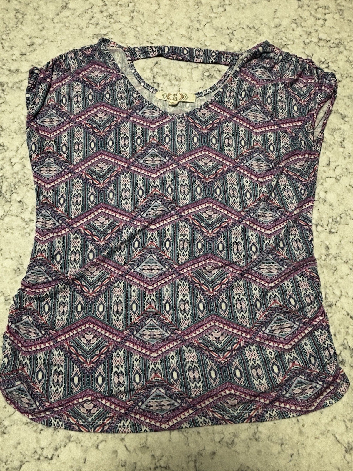 Pink Rose Geometric Print Top Large Cap Sleeve Keyhole Back Stretch Blouse