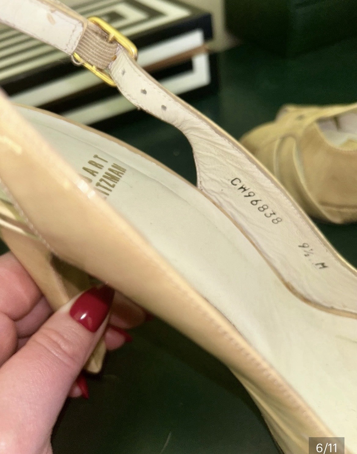 Stuart Weitzman Women’s Beige Patent Leather Slingback Peep Toe Buckle US 9.5 M