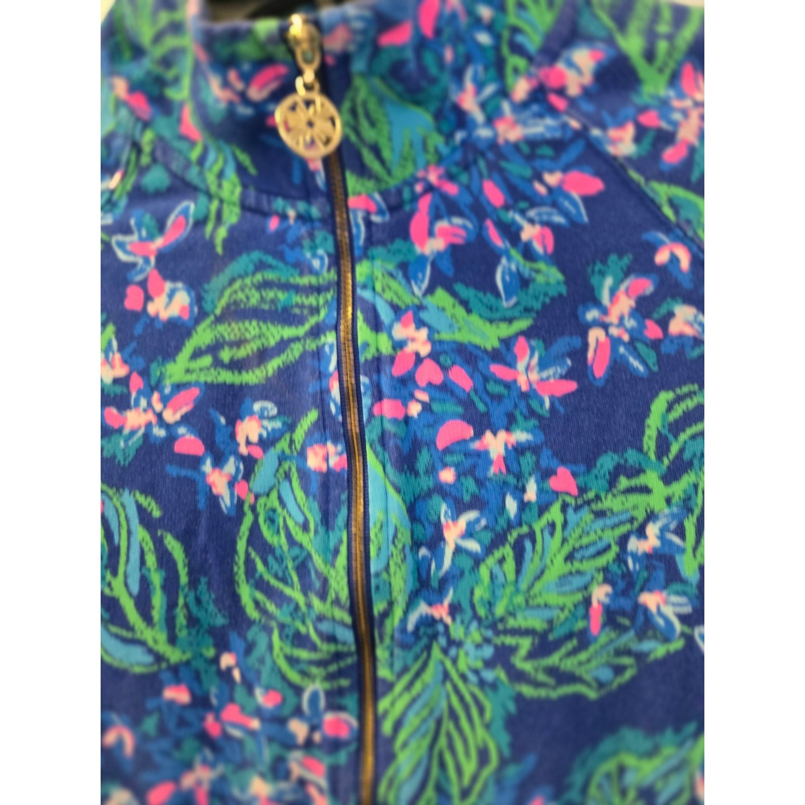 Lilly Pulitzer Blue Tropical Floral Quarter Zip Pullover Thumbholes Small