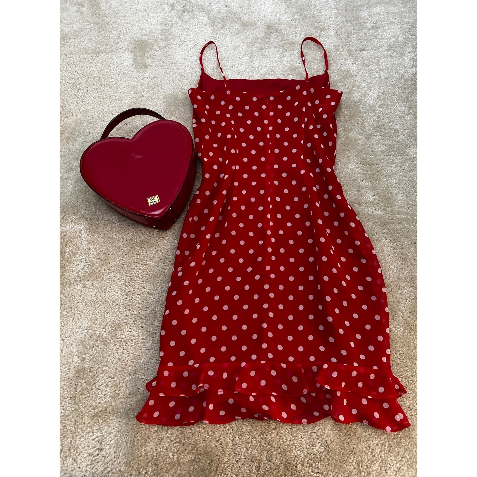 VTG Laundry Shelli Segal Cherry Red Polka Dot Y2K Mini Slip Dress Sz 2 Pinup