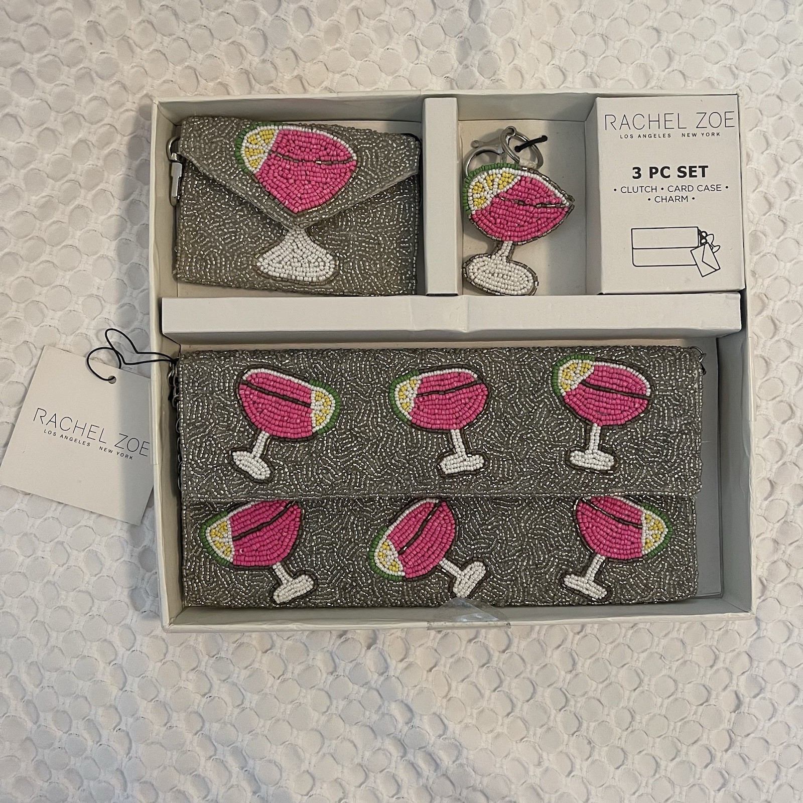 Rachel Zoe Clutch Purse W/Strap 3 PC Set Card Case & Charm Silver Martini Beaded
