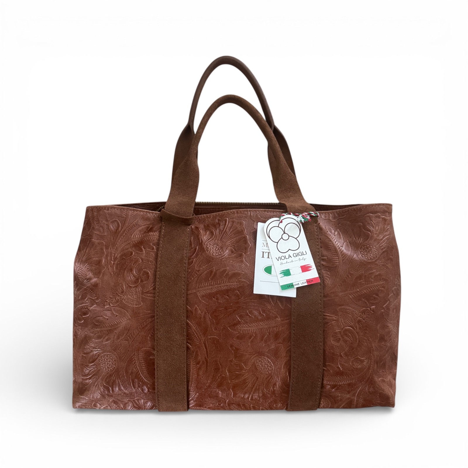 Viola Gigli Leather Tote Handbag Brown Cuoio Embossed Floral Made In Italy – NWT