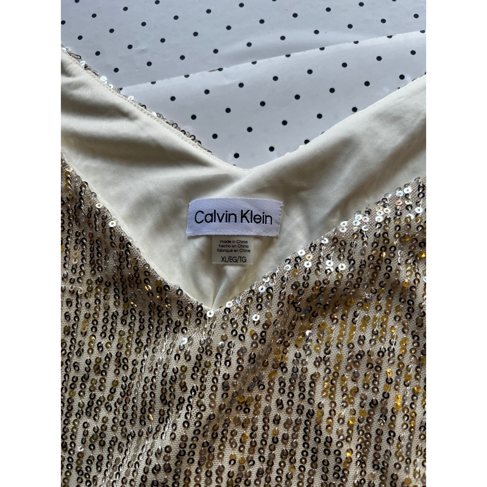 Calvin Klein Womens Sequin Cami Top Champagne Gold V-Neck XL NWT S49TF46A