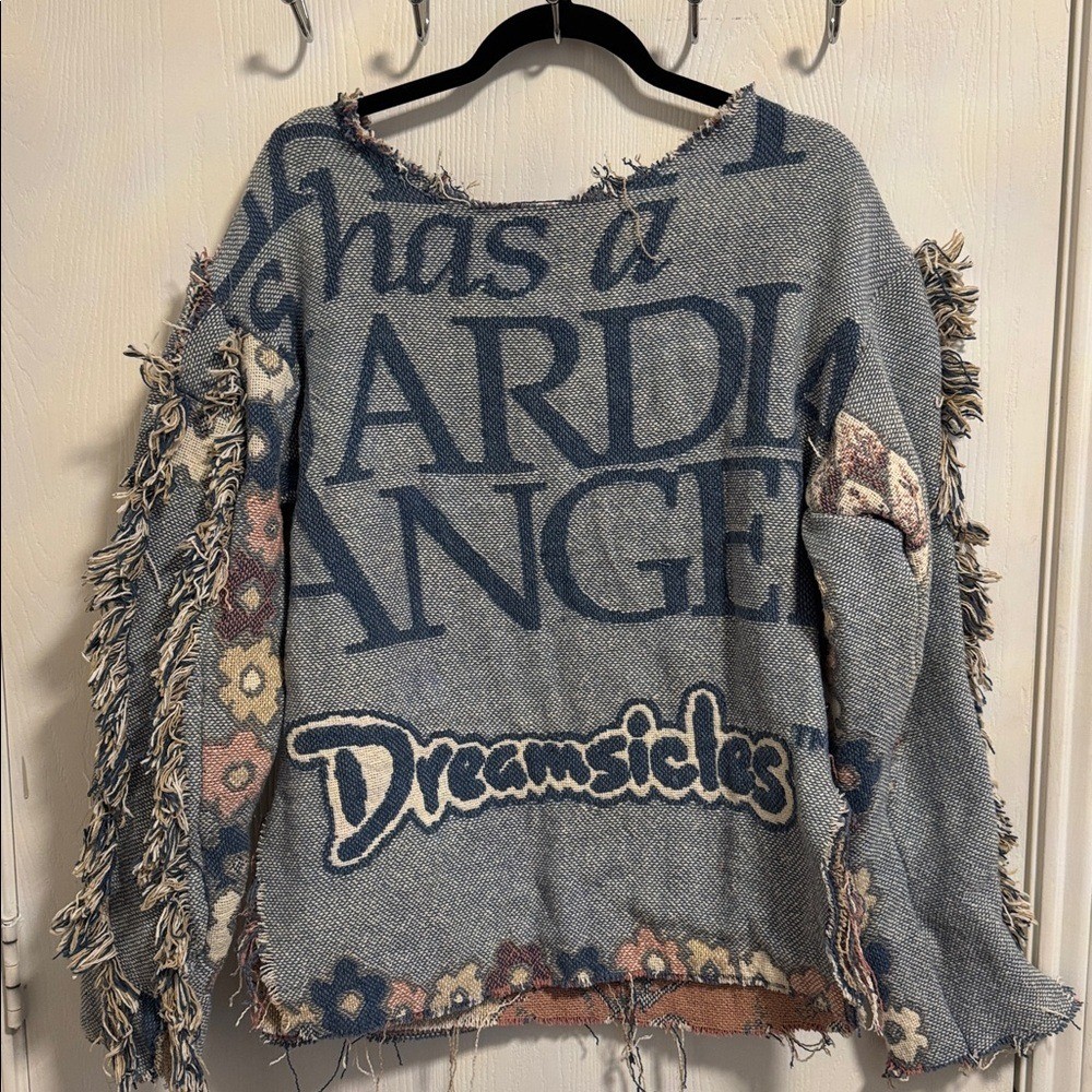 RARE! Dreamsicle Tapestry Sweater Cherub Long Sleeve V-Neck Distressed Fringe