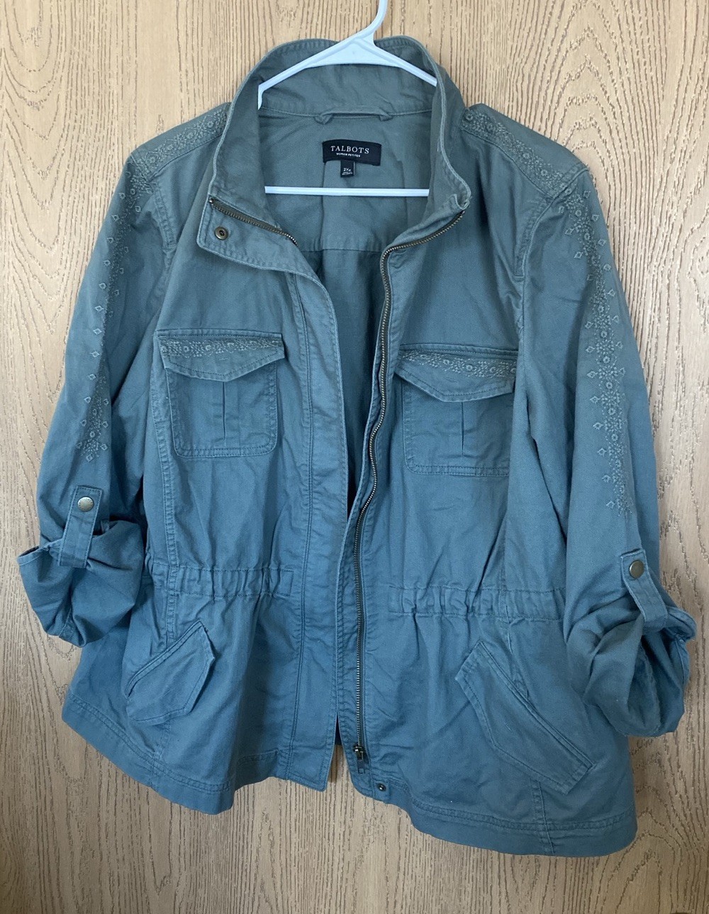 TALBOTS Embroidered Trim Cotton Safari Roll Tab Cinch Jacket Sz 2Xp