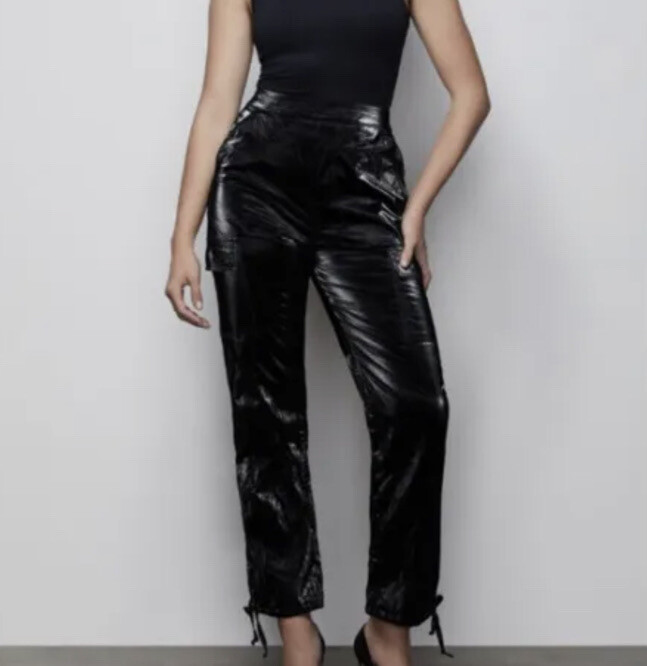 Good American The Paper Cargo Patent Faux Leather Pant Size 2 Med Black $170
