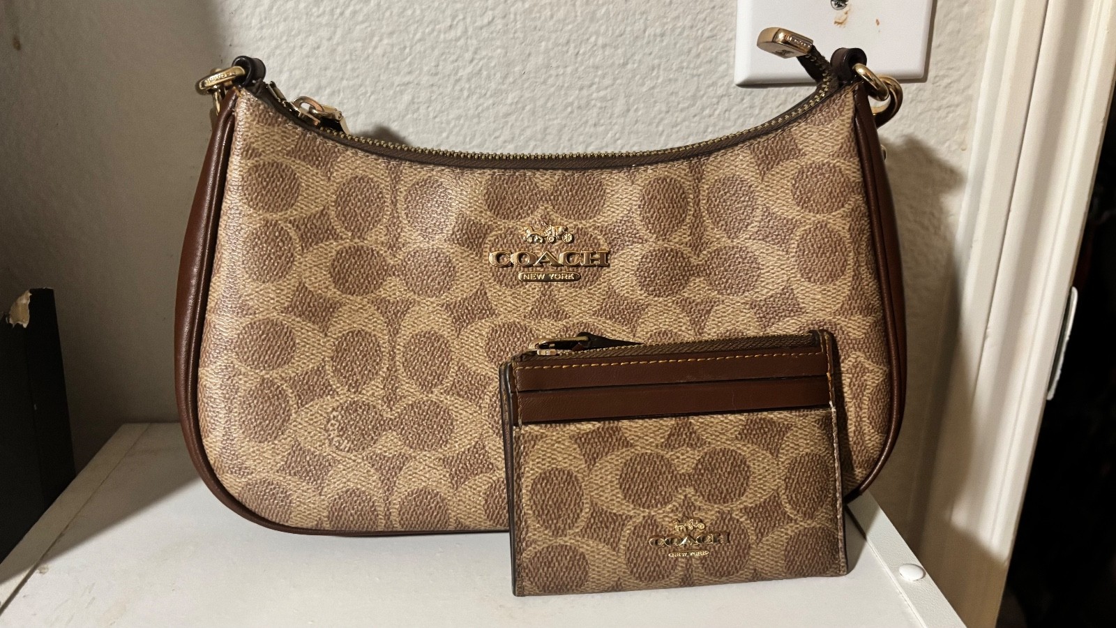 Coach Teri Shoulder Bag and Wallet In Signature Canvas Gold/Tan/Brown