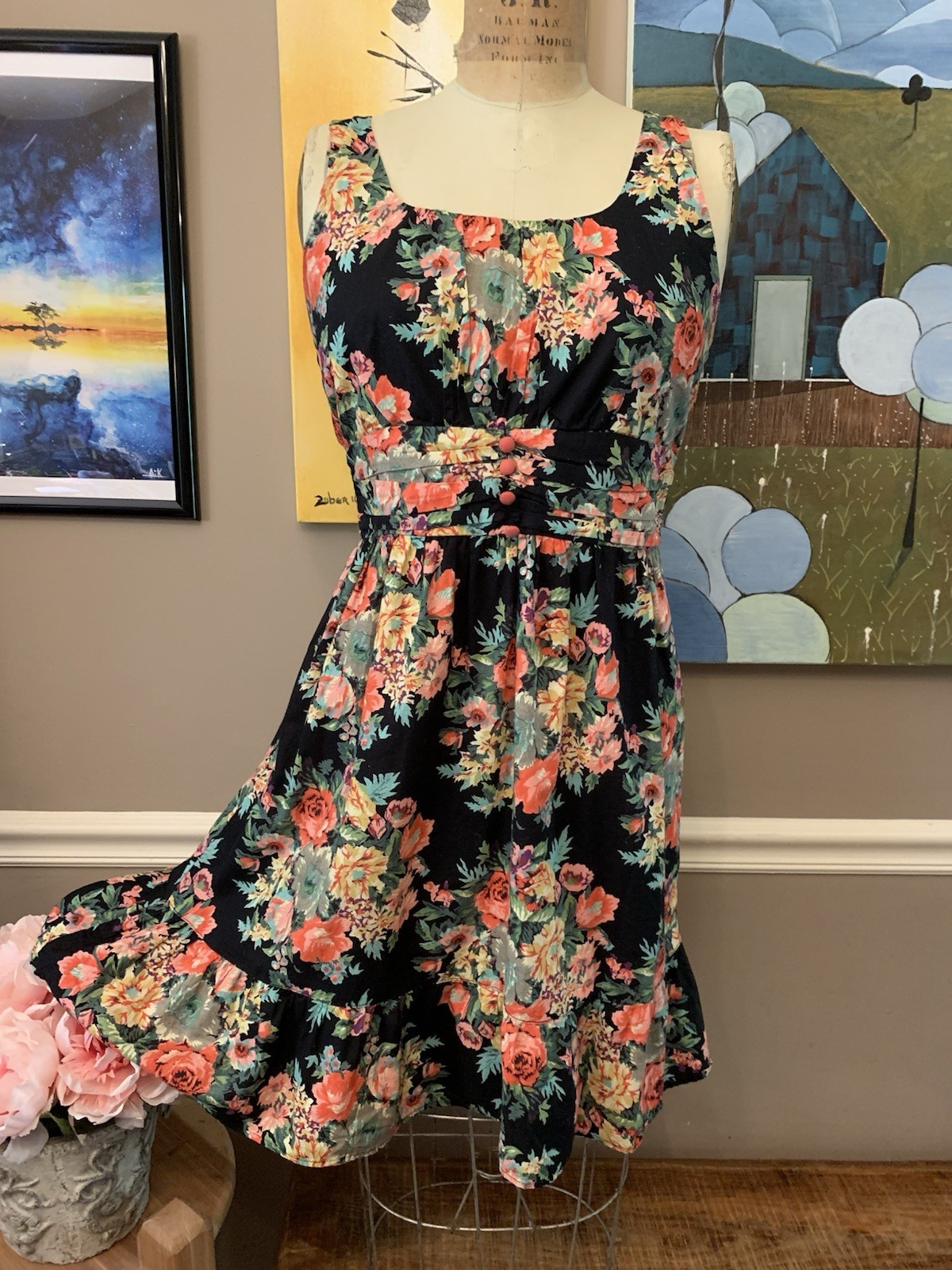 Angie Cotton Black Multi Floral Ruffled Midi Summer Dress L Boho