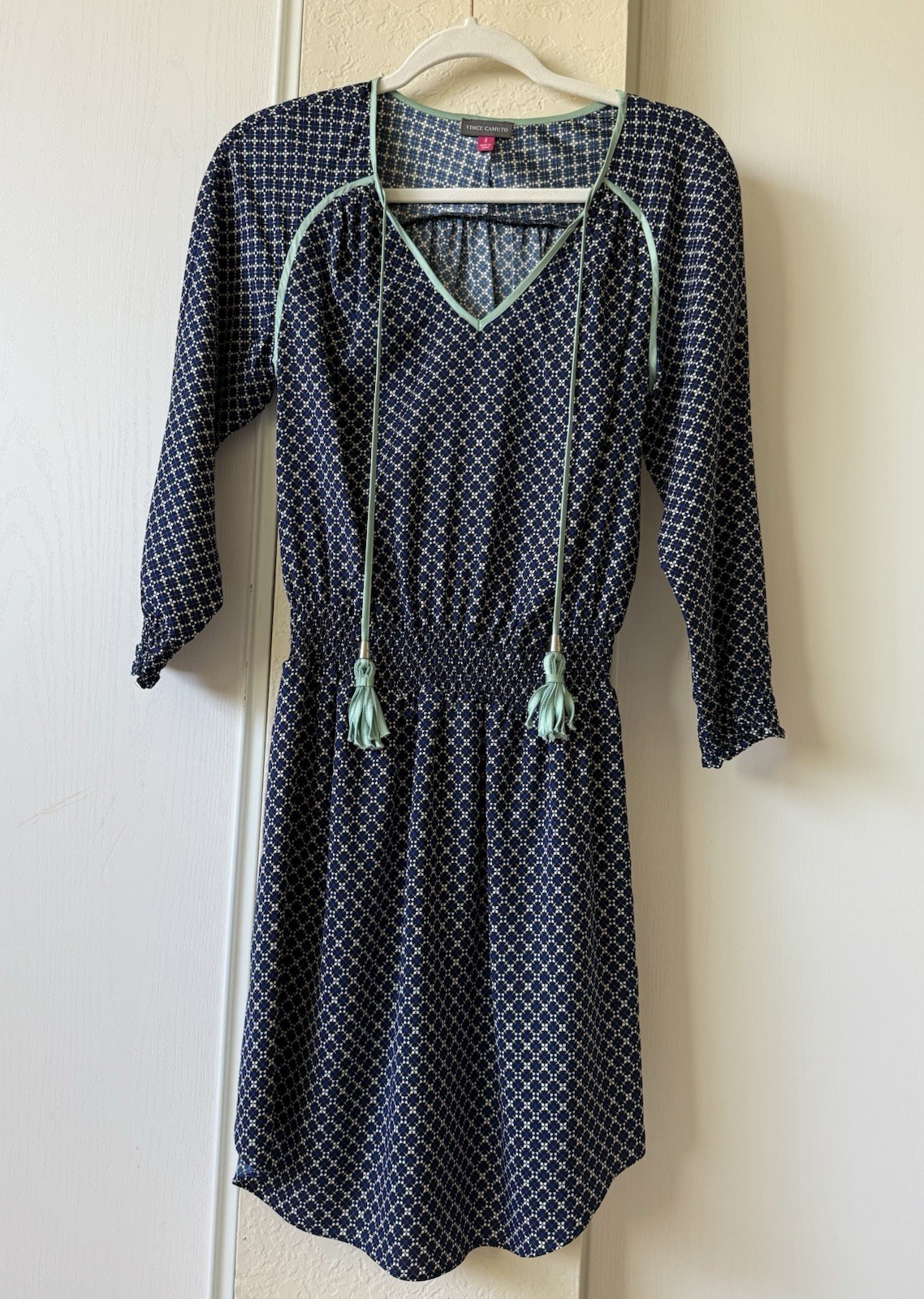 Vince Camuto Blue Green Blouson Dress Cinch Waist Geometric Print Size 4