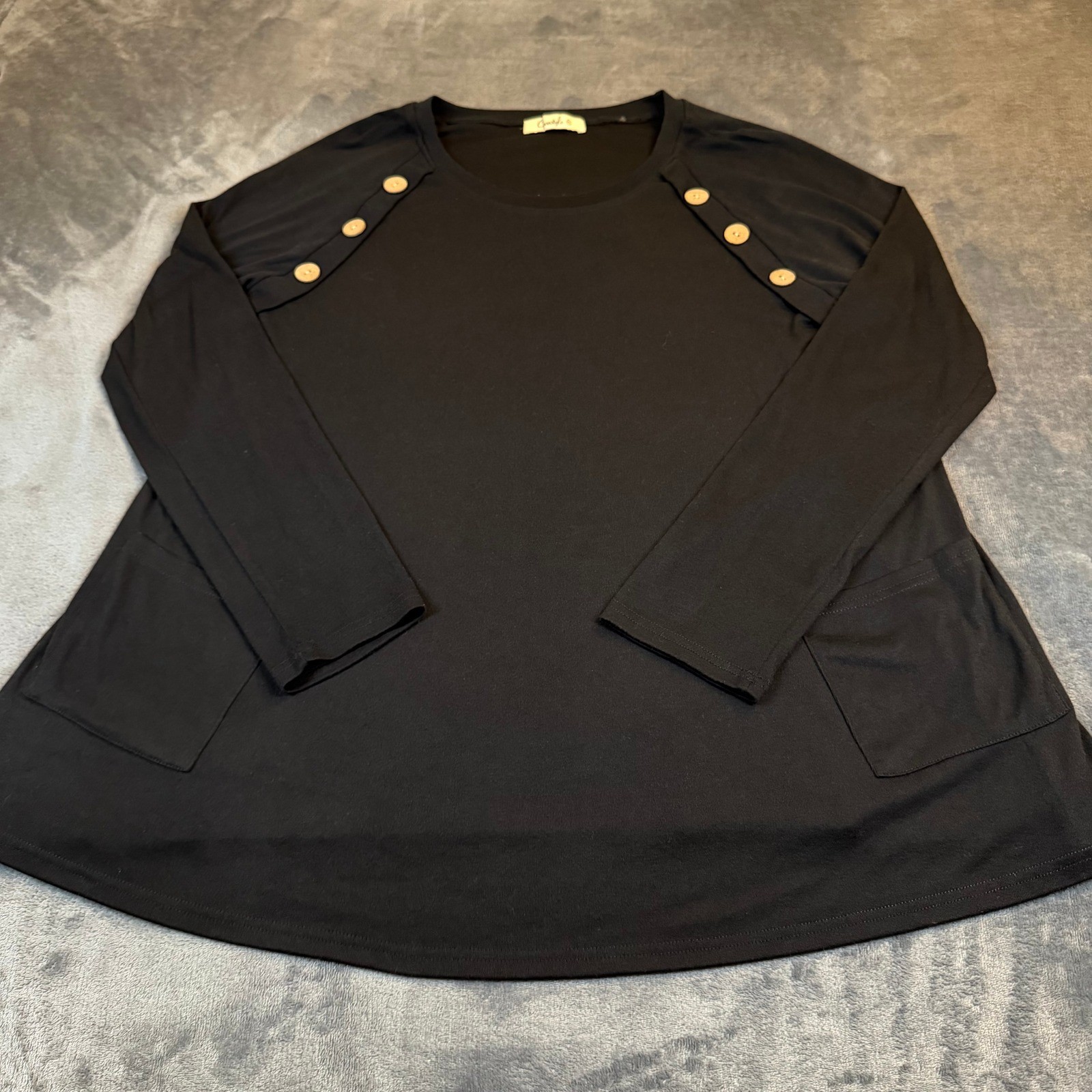 Cyanstyle Button Accent Tunic Top Womens Extra Large Black Long Sleeve Pockets