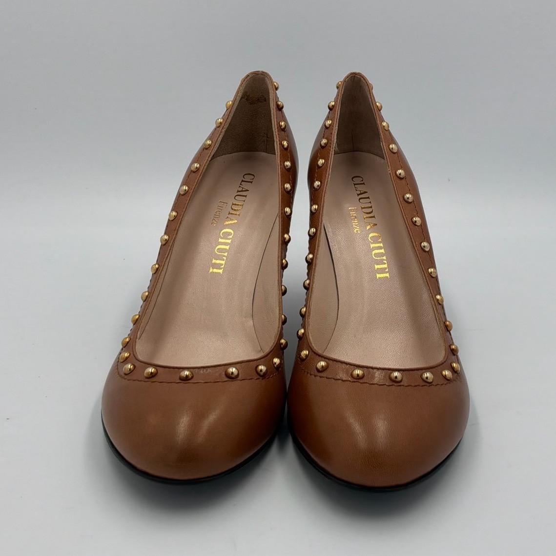 Claudia Ciuti Firenze Brown Leather Studded Round Toe Kitten Heel Pumps Italy