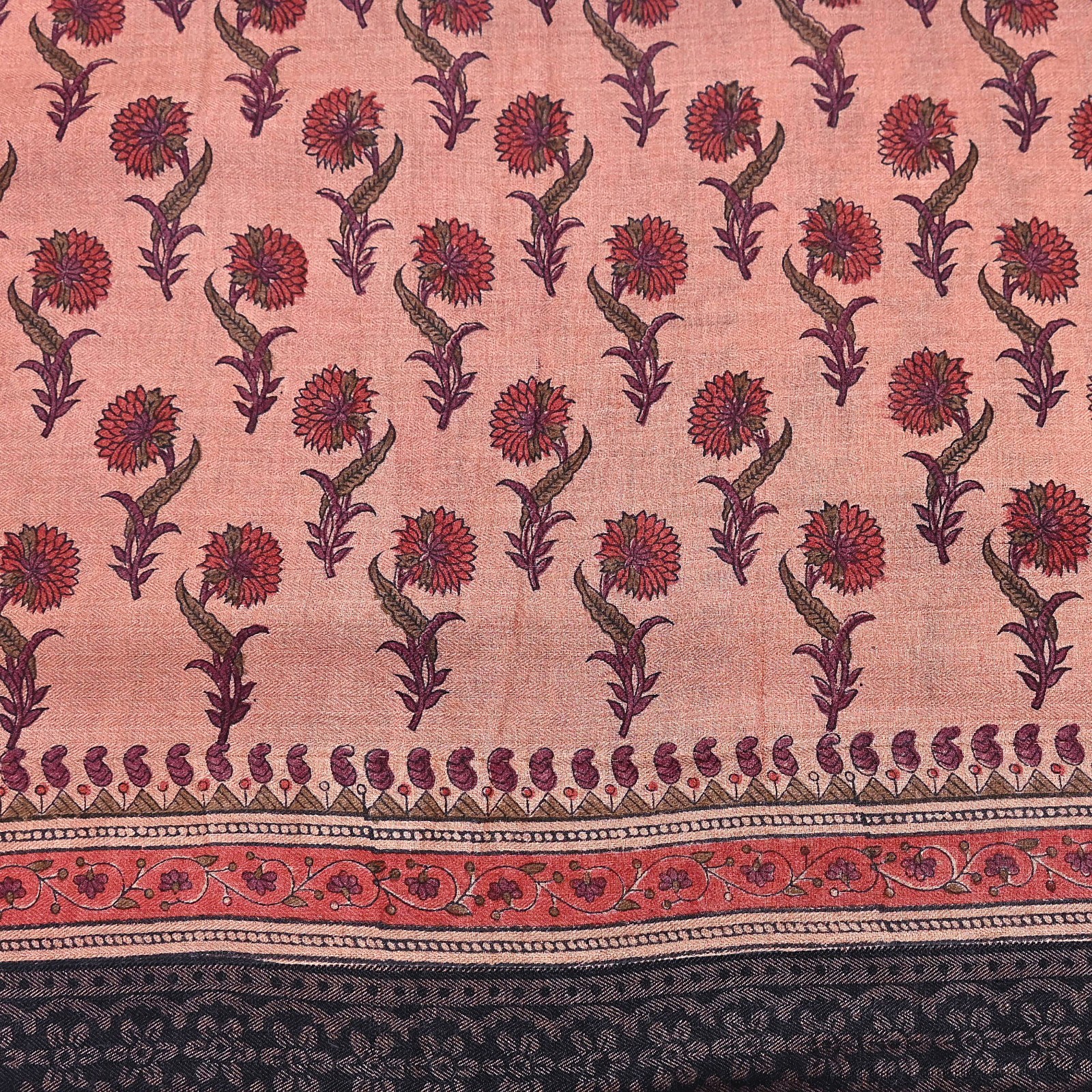 Vintage Peach Wool Saree Indian Pure Woolen Woven Floral Fabric 6Yard Soft Warm