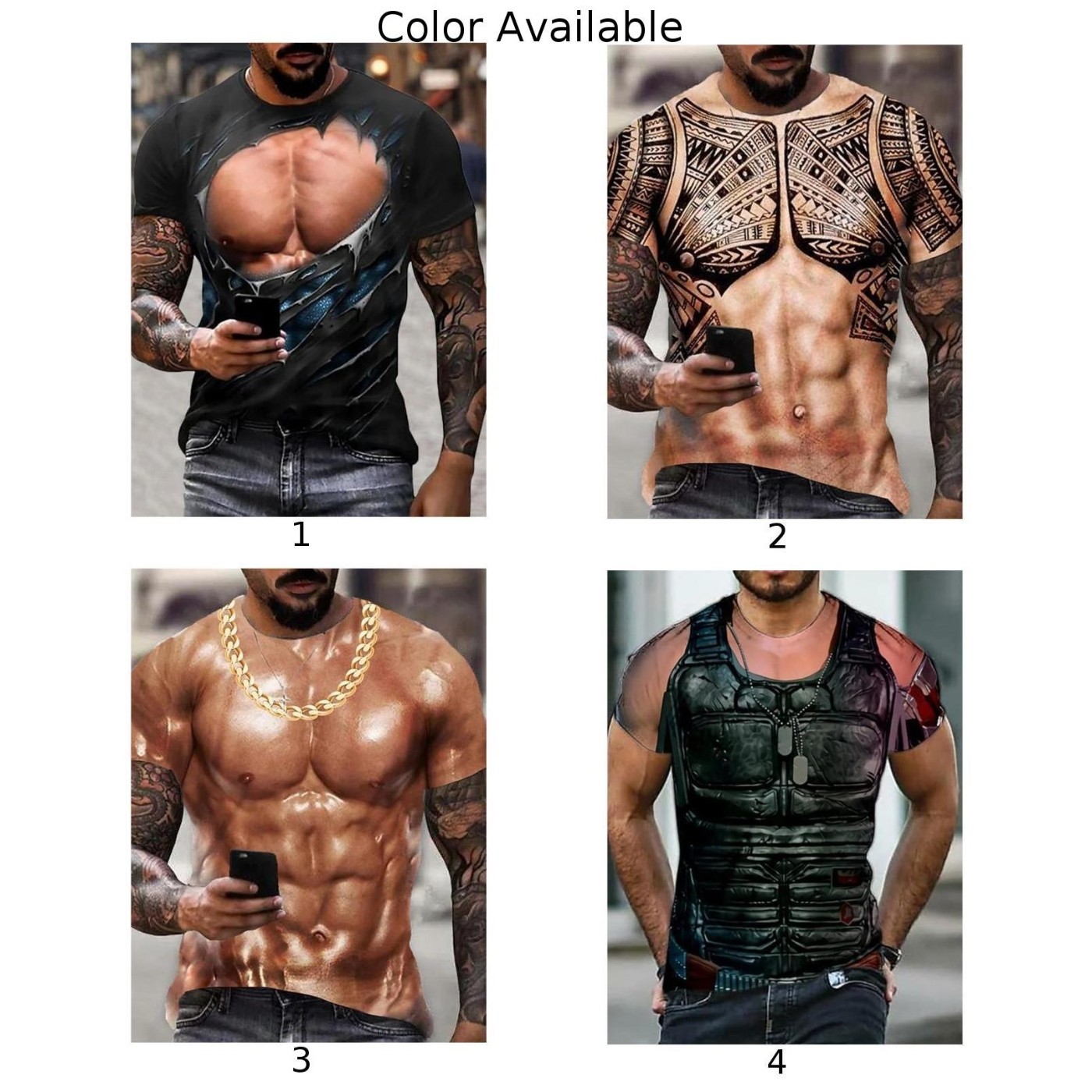 Men-3D Muscle Tattoo Print T-Shirt Short Sleeve Digital Printing Shirts Tops`Tee