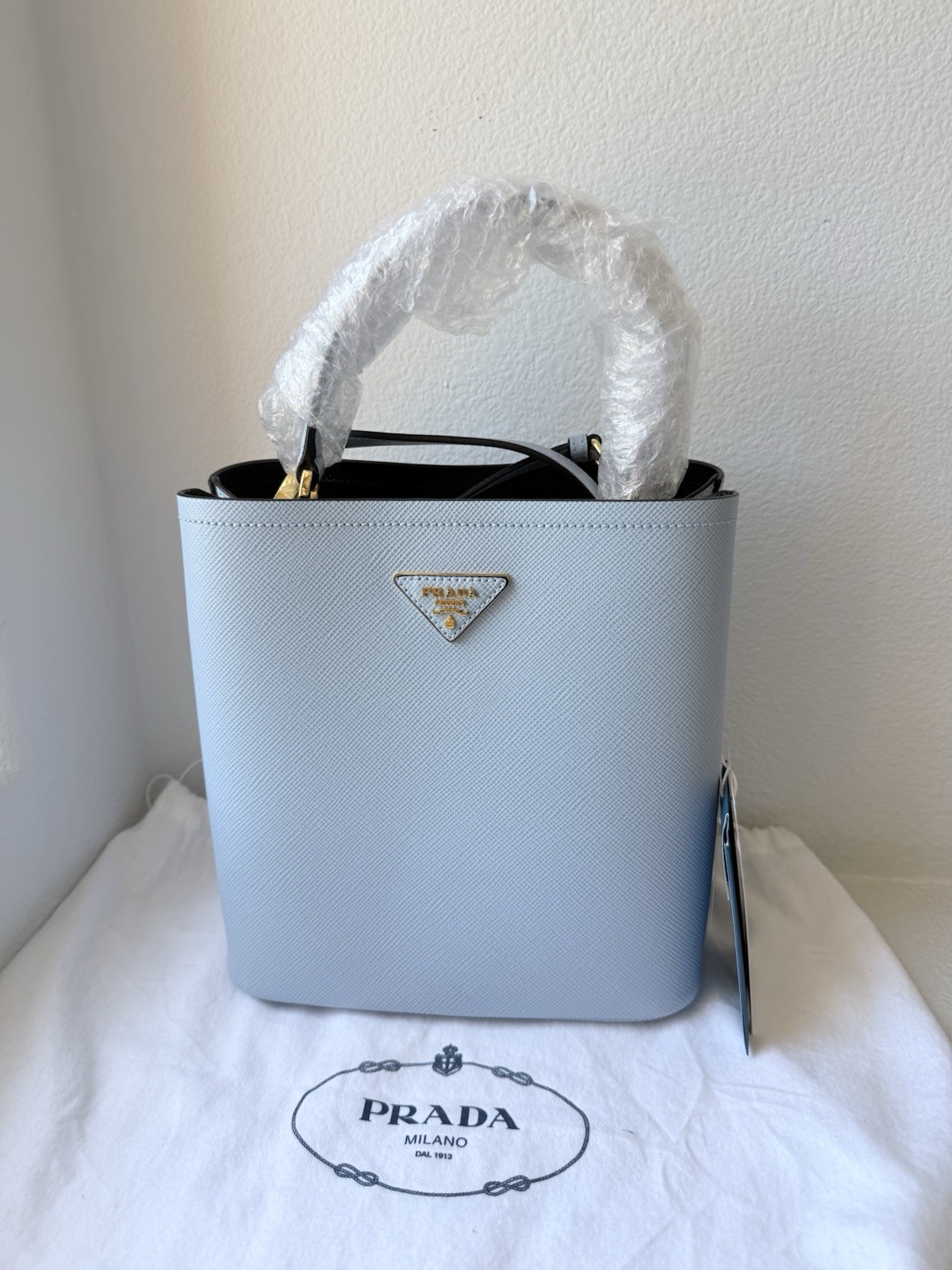 PRADA Light Blue Top Handle Satchel Detachable Strap Dust Bag Gold Hardware