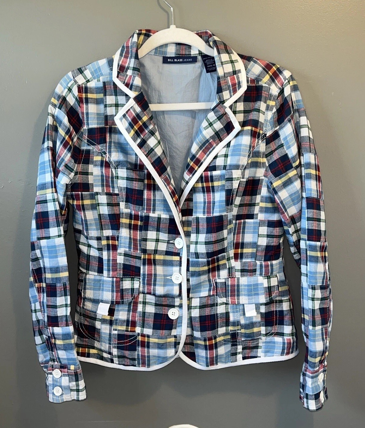 Bill Blass Jeans Quilted Patchwork Blazer Womens M Blue Plaid Cotton Jacket