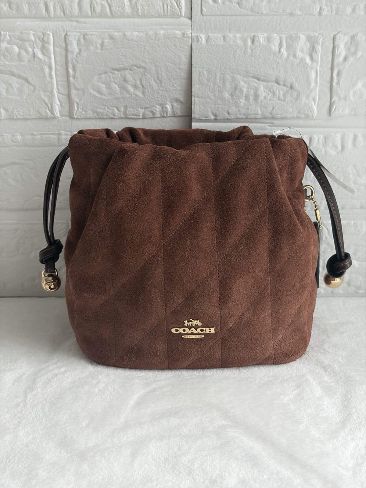 Coach Faye Mini Brown Quilted Drawstring Bucket Bag Chain Strap Detachable Gold