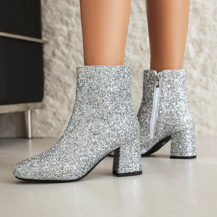 Women’s Sequin Glitter Block Heels Side Zip Ankle Short Gold Boots Party Shoes