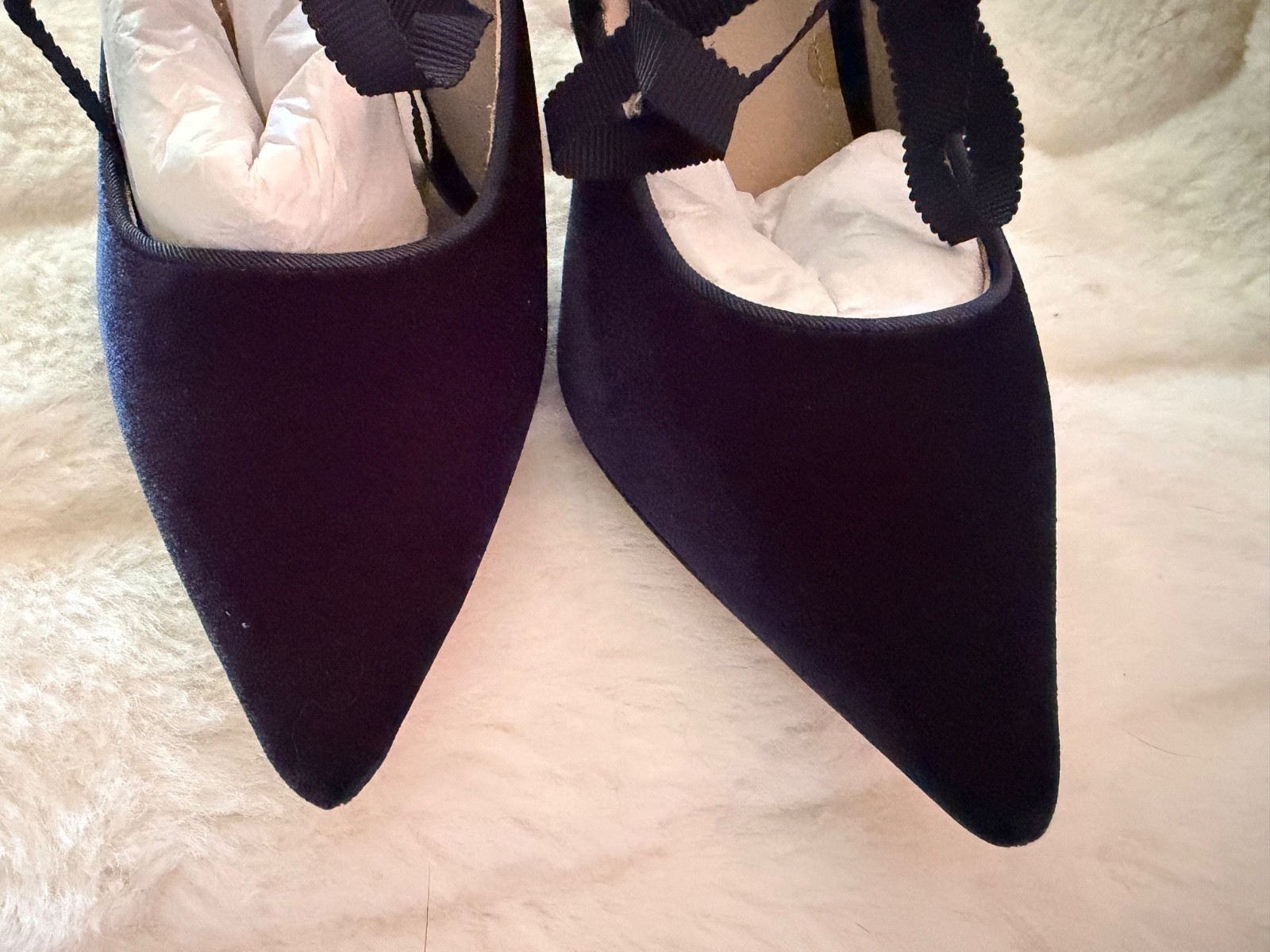 BODEN SIZE 38EU 7/7.5 Black Suede Covered Heel Slingback Stiletto Front Tie Bow
