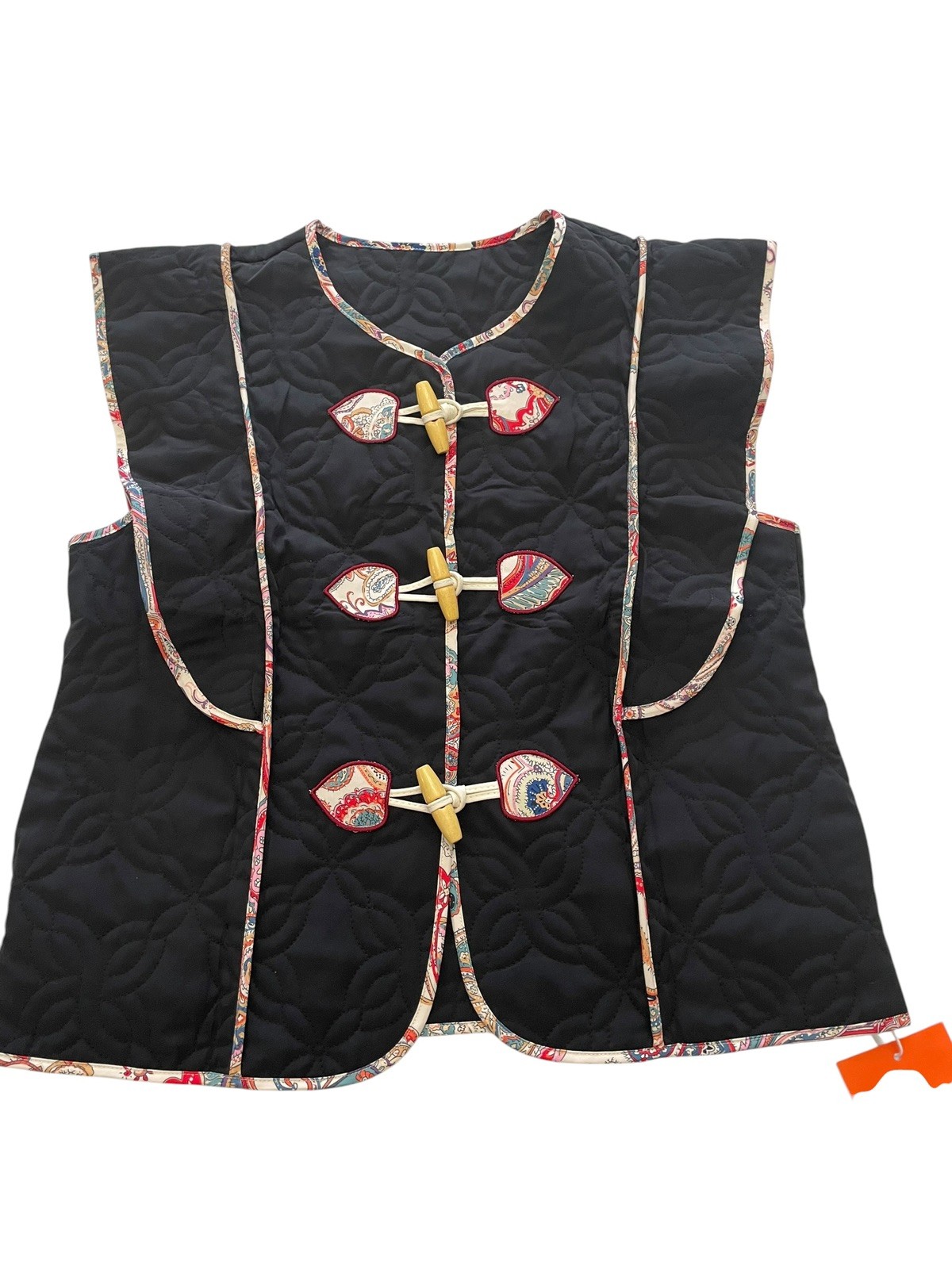 Tankaneo Womens Quilted Toggle Vest Black Paisley Trim Ruffle Cap Sleeve Small