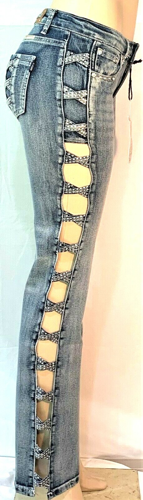 PLATINUM PLUSH OPEN LEG X DESIGN RHINESTONE DENIM BOOT CUT JEANS STYLE #4009