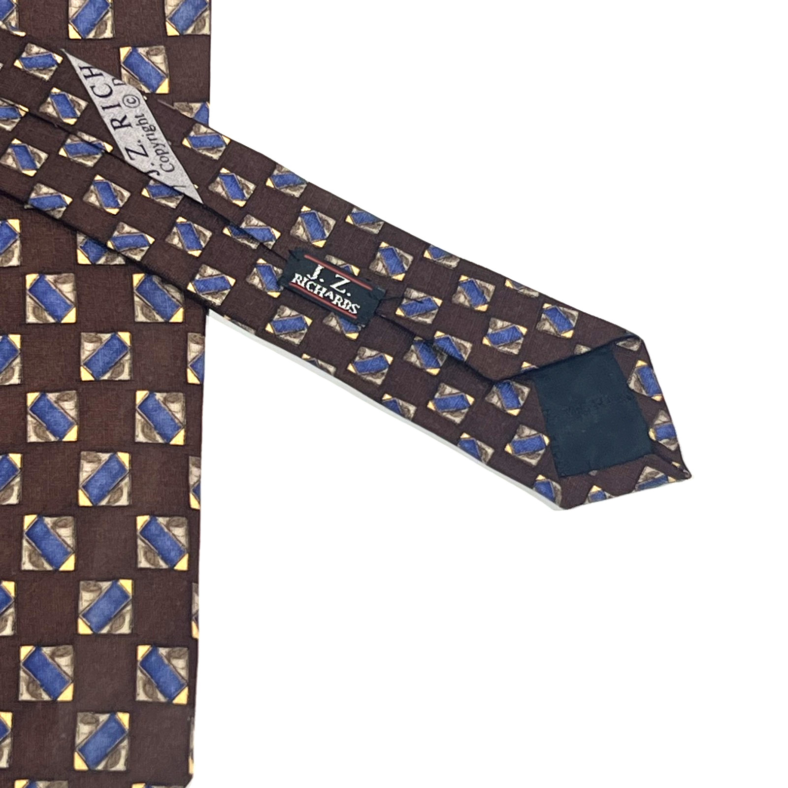 J.Z. Richards 100% Silk Mens Necktie Geometric Brown Blue Tan in Squares