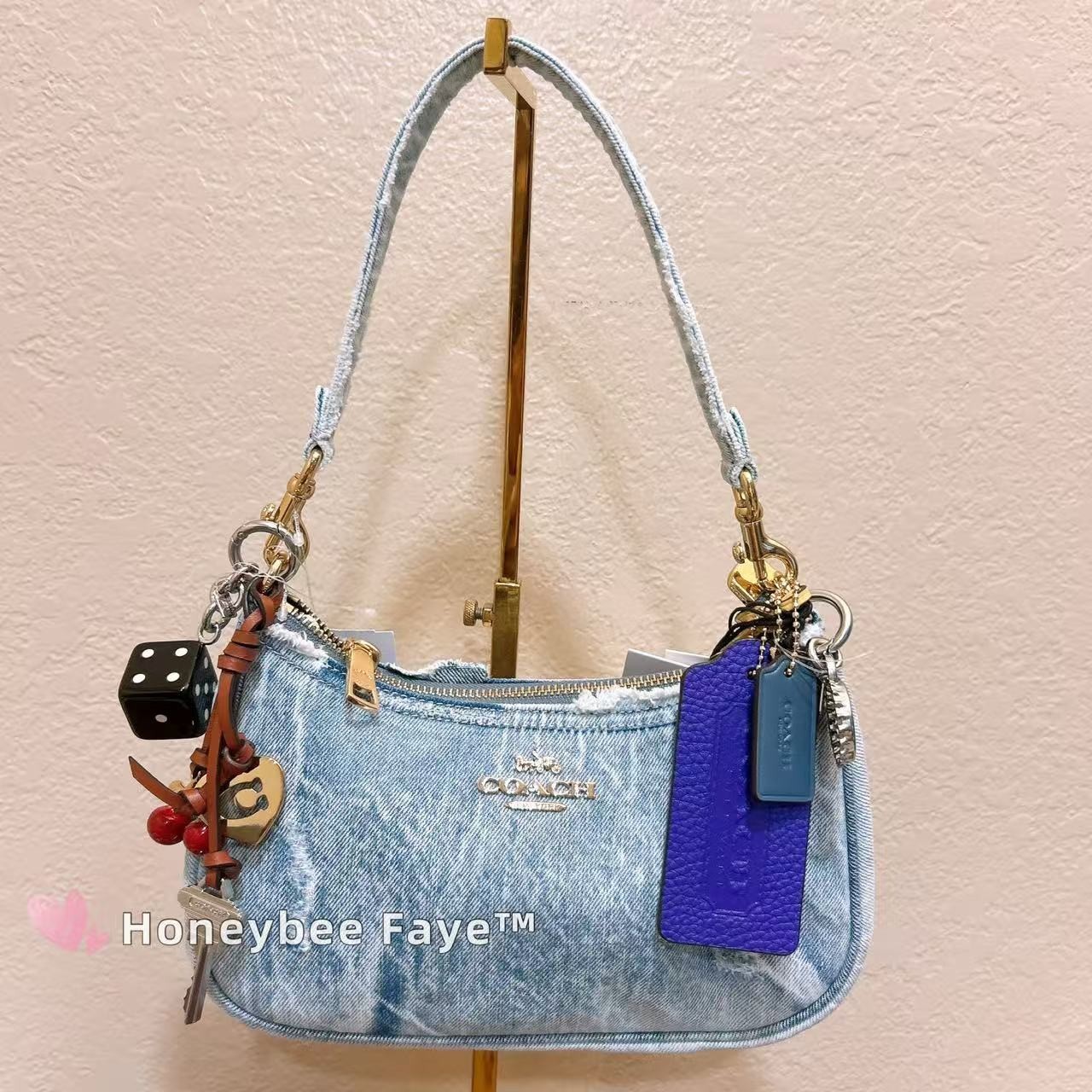 NWT COACH CDY76 Teri Shoulder Bag In Loved Denim With Charms /Light Indigo